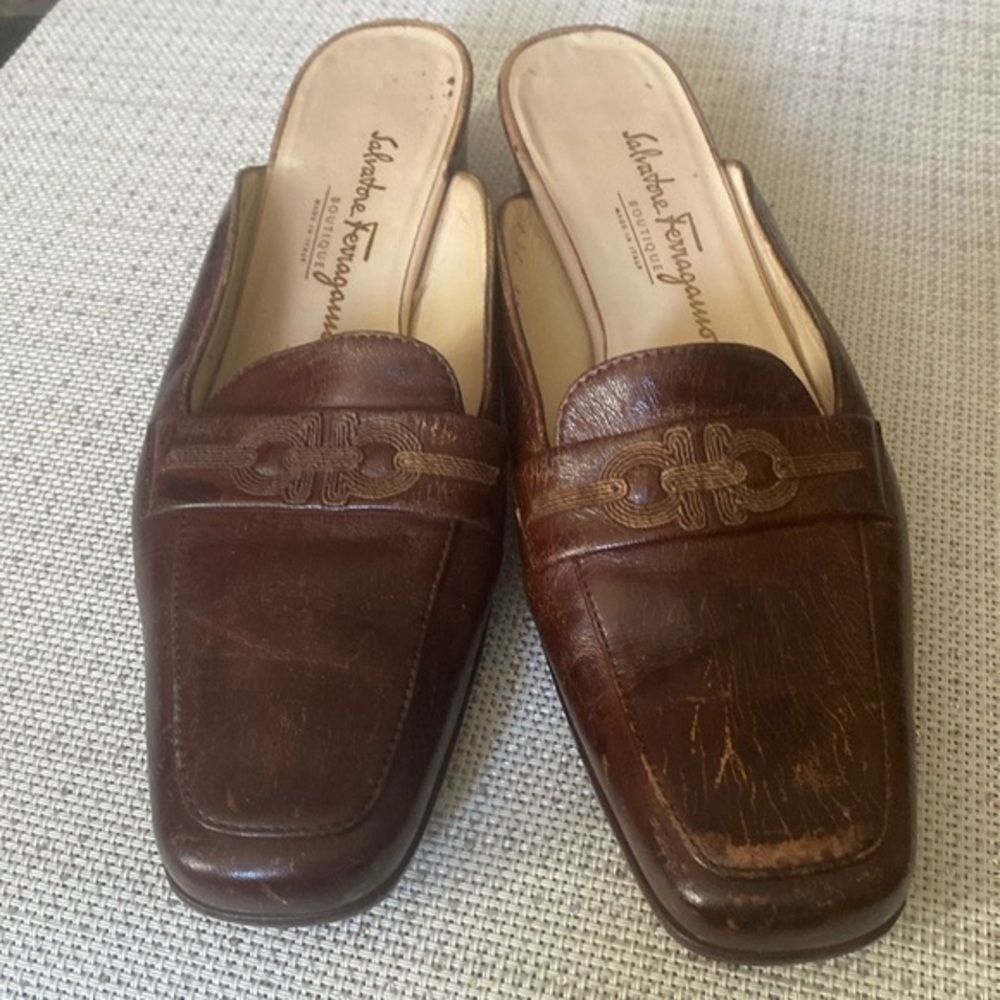 Salvatore Ferragamo BROWN stressed leather Mules | Size 71/2B, repainted